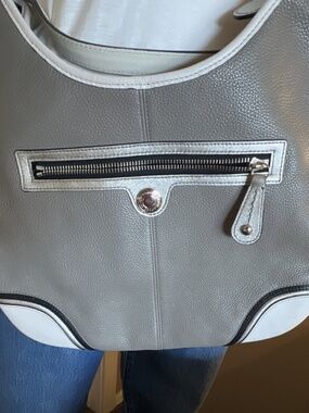 Coach Colorblock Pebbled Shoulder Bag Gray White Black Adjustable Strap